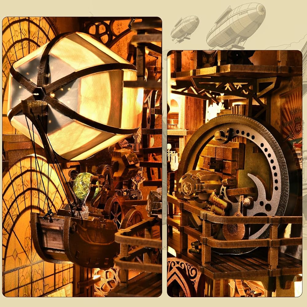 CRESYMME Dollhouse Book Nook Miniature Kit Wooden 3D Puzzle for Adults with LED Light Hot Air Balloon Design