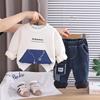 Boys' long sleeved two-piece set, 0-5-year-old children's printed fleece hoodie+casual denim pants set