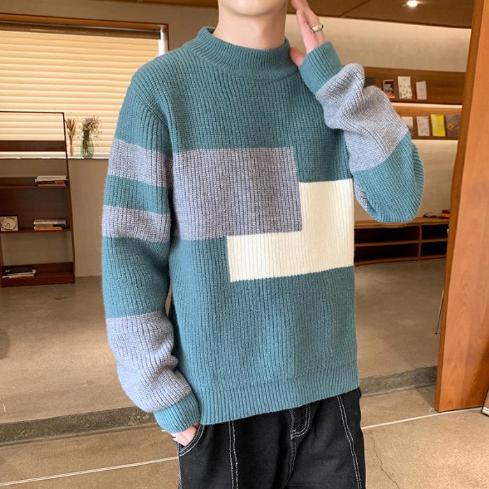 Мужской полосатый вязаный свитер с воротником-стойкой - Толстый, теплый, с персонализированным пэчворк-дизайном 2XL