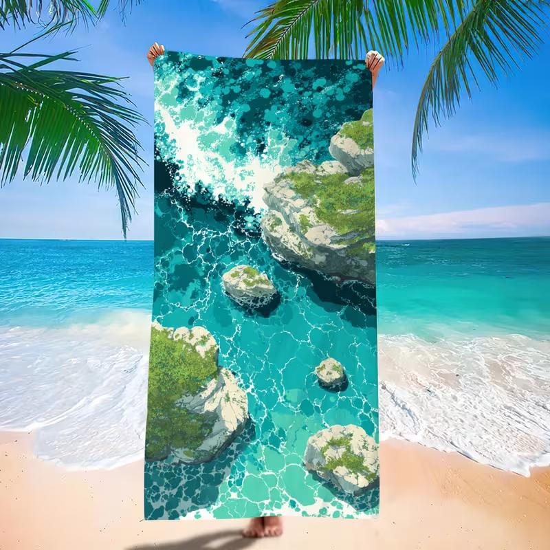 Anime Style Ocean Wave Print Beach Towel Quick Dry Sand Free Beach Blanket Trendy Summer Beach Accessory for Beach