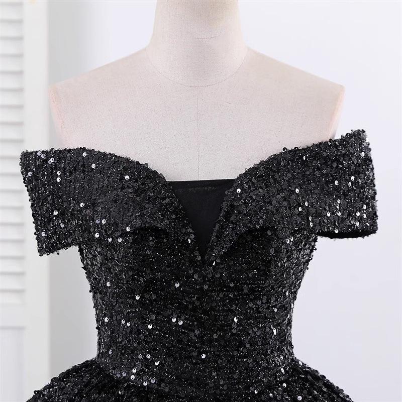 Off-the-Shoulder Sequined Evening Gown for Women: Ideal for Performances, Beauty Pageants, and Gala Events with Puffy Long Skirt.