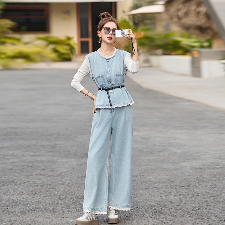 

Lace splicing denim vest + shirt wide-leg pants three-piece women s spring new fashion suit XXL