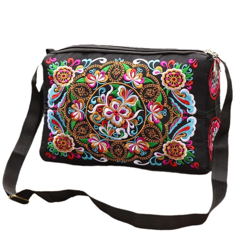 Yunnan Ethnic Embroidered One-Shoulder Crossbody Bag with Three Zippers - Large Size for Ladies