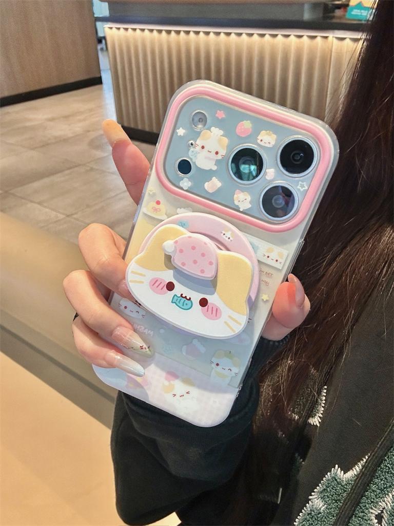 Kawaii Cartoon Cat Magnetic Pop Stand Clear Phone Case For iPhone 15 16 17 Pro Max INS Pink Cute Shockproof Protective Cover