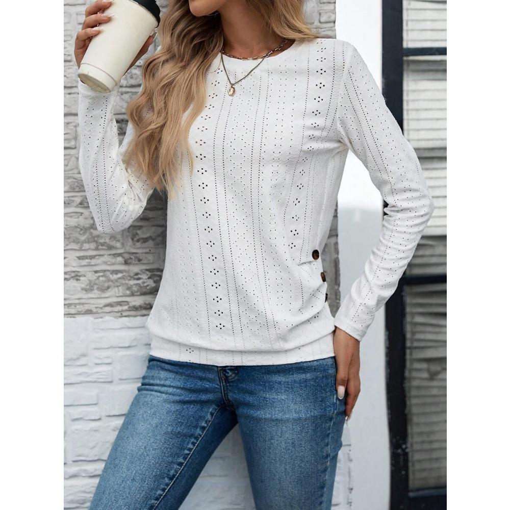 Tricou cu mânecă lungă și gât rotund, cu nasturi decorativi, la modă și versatil, casual pentru navetă.