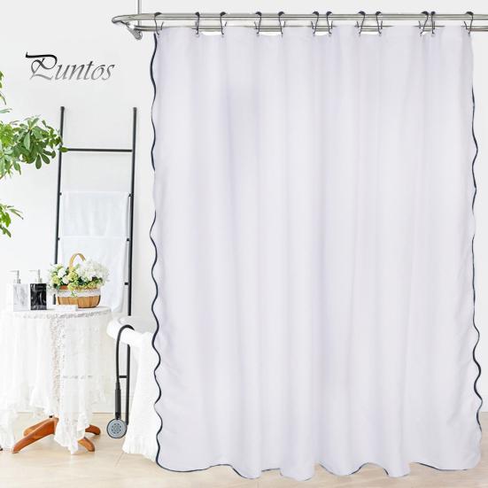 Bathroom Decor Curtain Scalloped Shower Heavy Duty Waterproof with 12 Hooks Washable Thick Cloth Black Border for Hotel Bathtub Decorative
