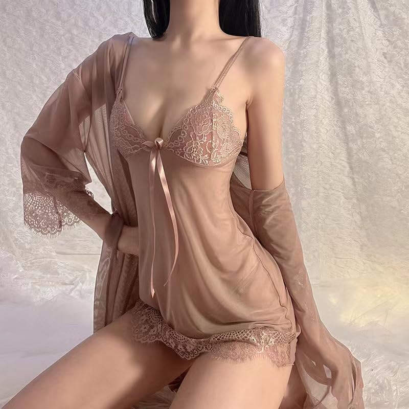 PHCOMRICH Babydoll Sexy Lingerie with Floral Cute and Half Slip Size Lace, Sheer, Gown, Camisole, Nightgown, (Cameo Brown, L)