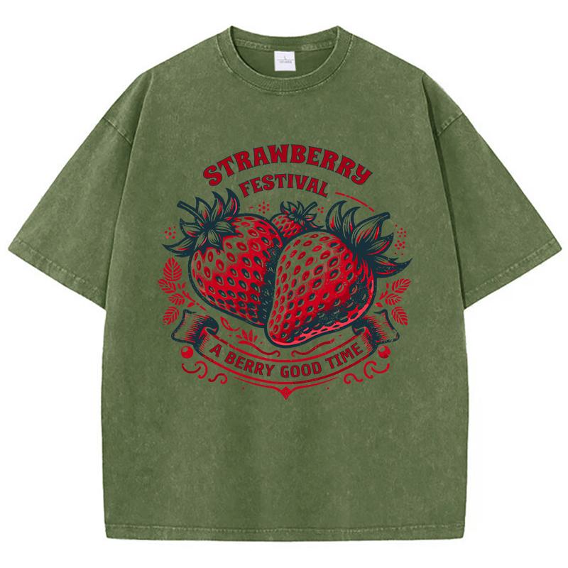 Strawberry Estival A Berry Good Time Prints Washed TShirt Women Cotton Tops Street Comfortable ONeck T Shirt Summer Clothes S
