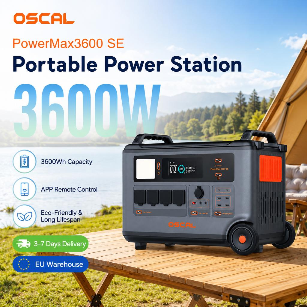 Stazione di Alimentazione Rugged Portatile Oscal PowerMax 3600SE, Generatore Solare 3600W Batteria LiFePO4 3600Wh, Controllo Smart tramite App per Casa, Esterno, Campeggio