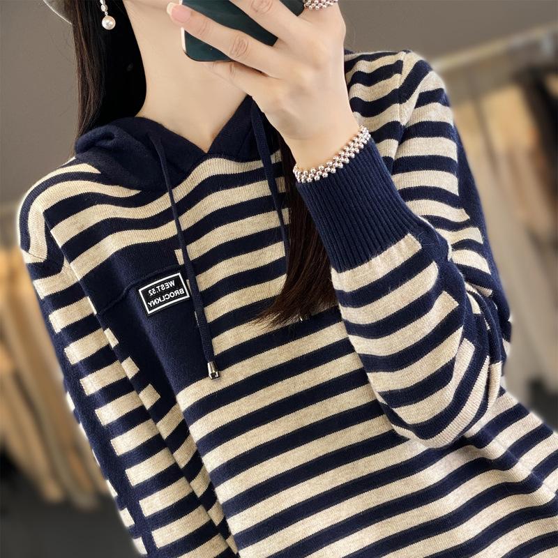 INDFS Women's Fashion Casual Fall Winter Stripe Print Long Sleeve Hooded Sweaters