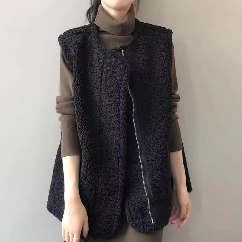 

Women s Autumn Winter Lamb Wool Vest Jacket Korean Loose Two Sided Wearing Deer Fur Sleeveless Coat Female Casual Zipper Jackets S чорний