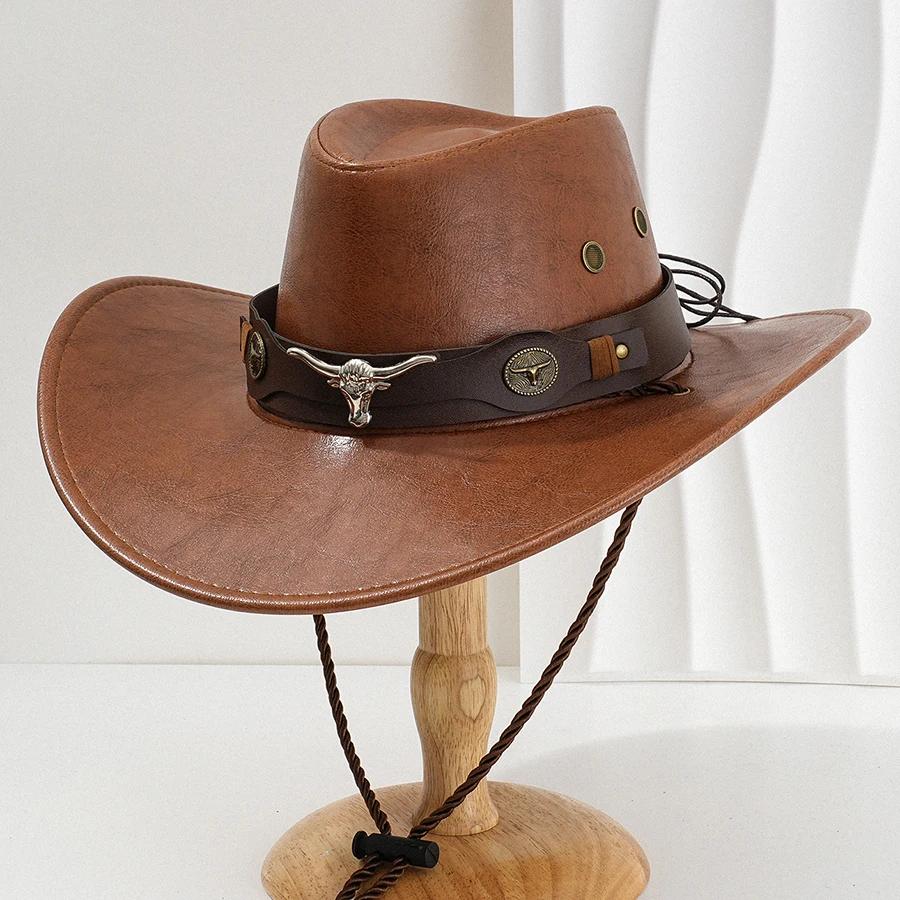 Unisex Vintage Faux Leather Western Cowboy Hat Outdoor Gentleman Cowgirl Jazz Cap Sombrero Hombre Cowboy Hat