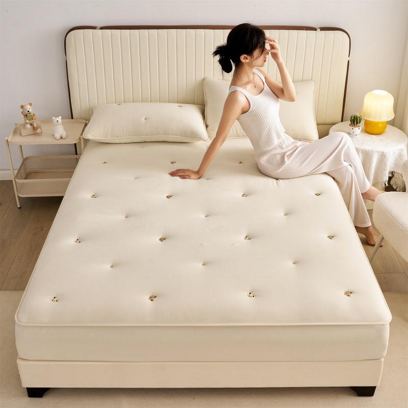 Washed Cotton Quilted Fitted Sheet - Solid Color, Full Wrap, Protective Cover for Home & Dormitory