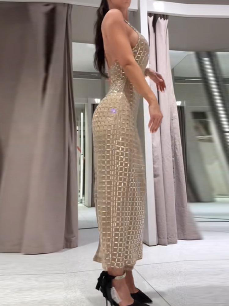 2025 Sleeveless Rhinestone Slim Fit Slit Long Dress for Women