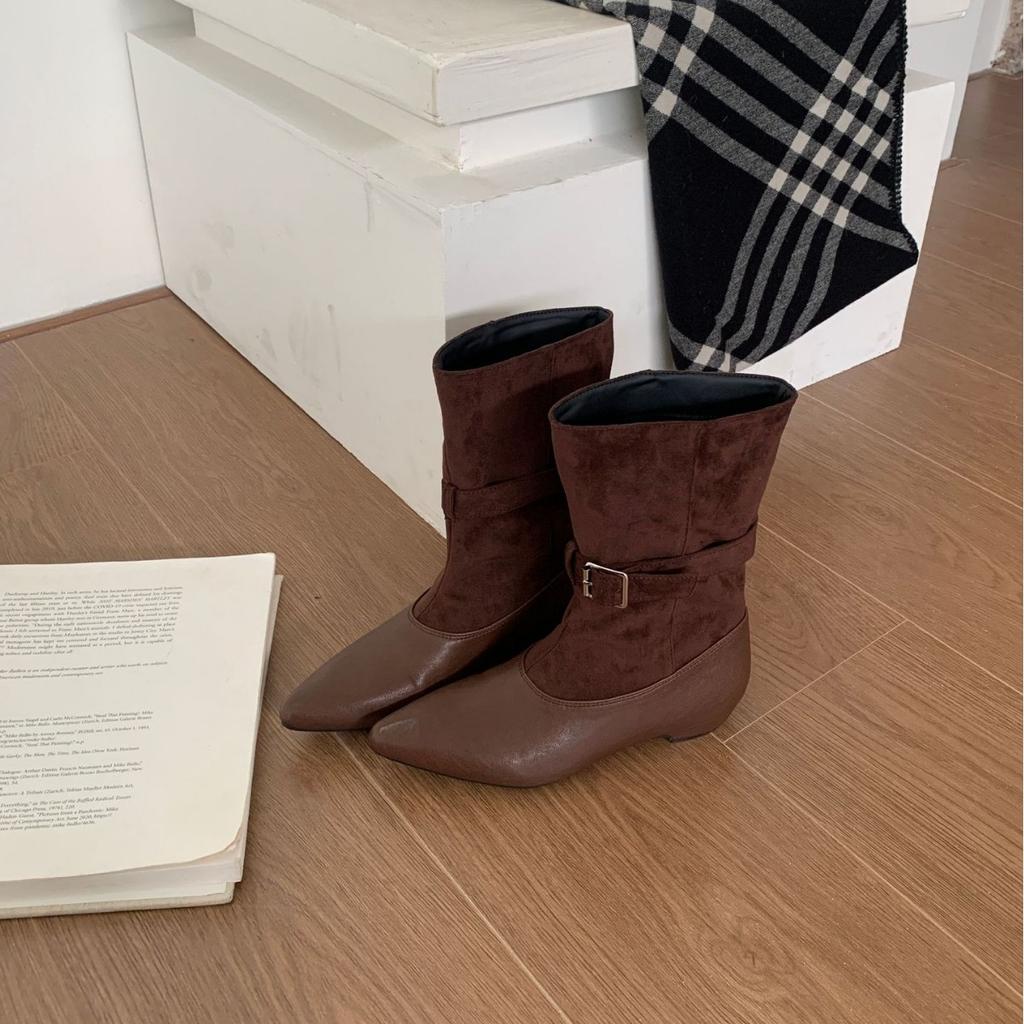 2025 Autumn and Winter New Pointed Head Color Matching Medium Tube Belt Buckle Thick Medium Heel Thin Fashion Martin Women's Boots