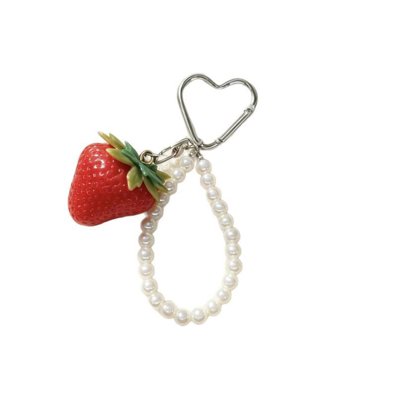 Heart-Clasp Strawberry And Pearl Keychain/Bag Charm Resin Fruit Accessory Small Gift