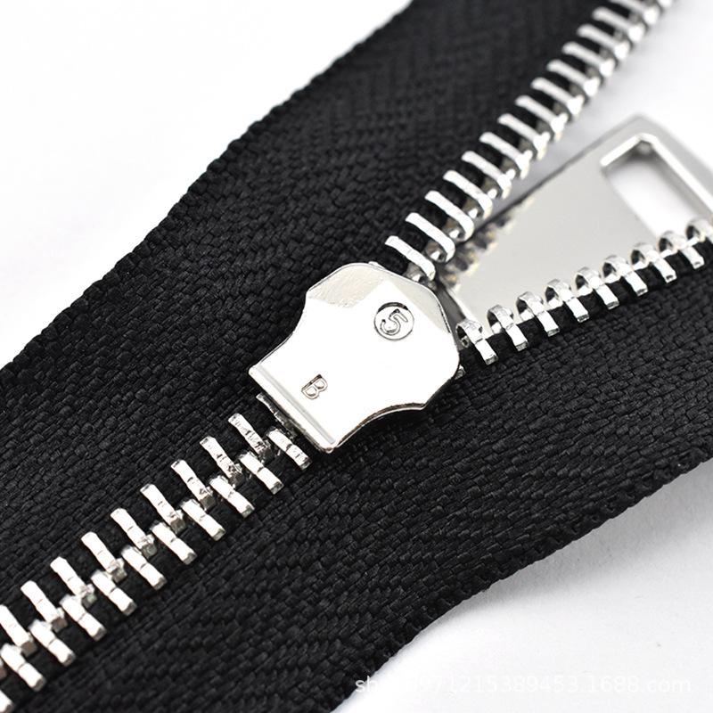 12-100cm Black Metal Copper Zipper No. 5, Double-Ended with Silver Teeth for Leather Jackets