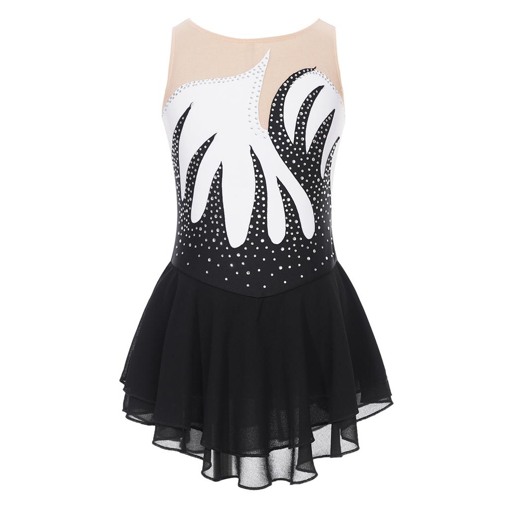 Girls Color Block Sheer Mesh Patchwork Dress Sleeveless Shiny Rhinestone Design Figure Skating Performance Gown