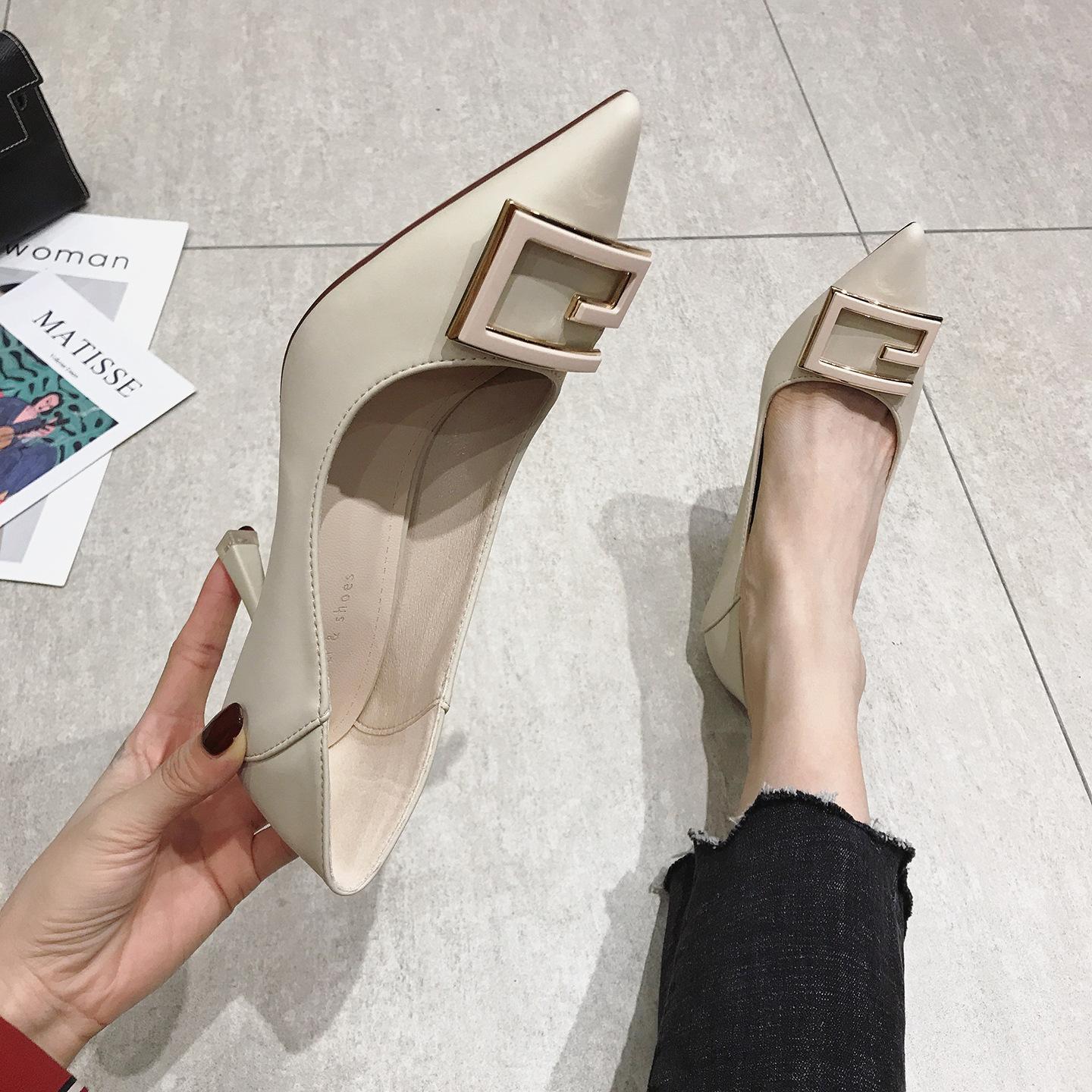 

775-11 single shoes women wear in autumn and winter, step on the heel square buckle pointed thin heel soft leather high heels 7.5CM5.5CM thick heel 40