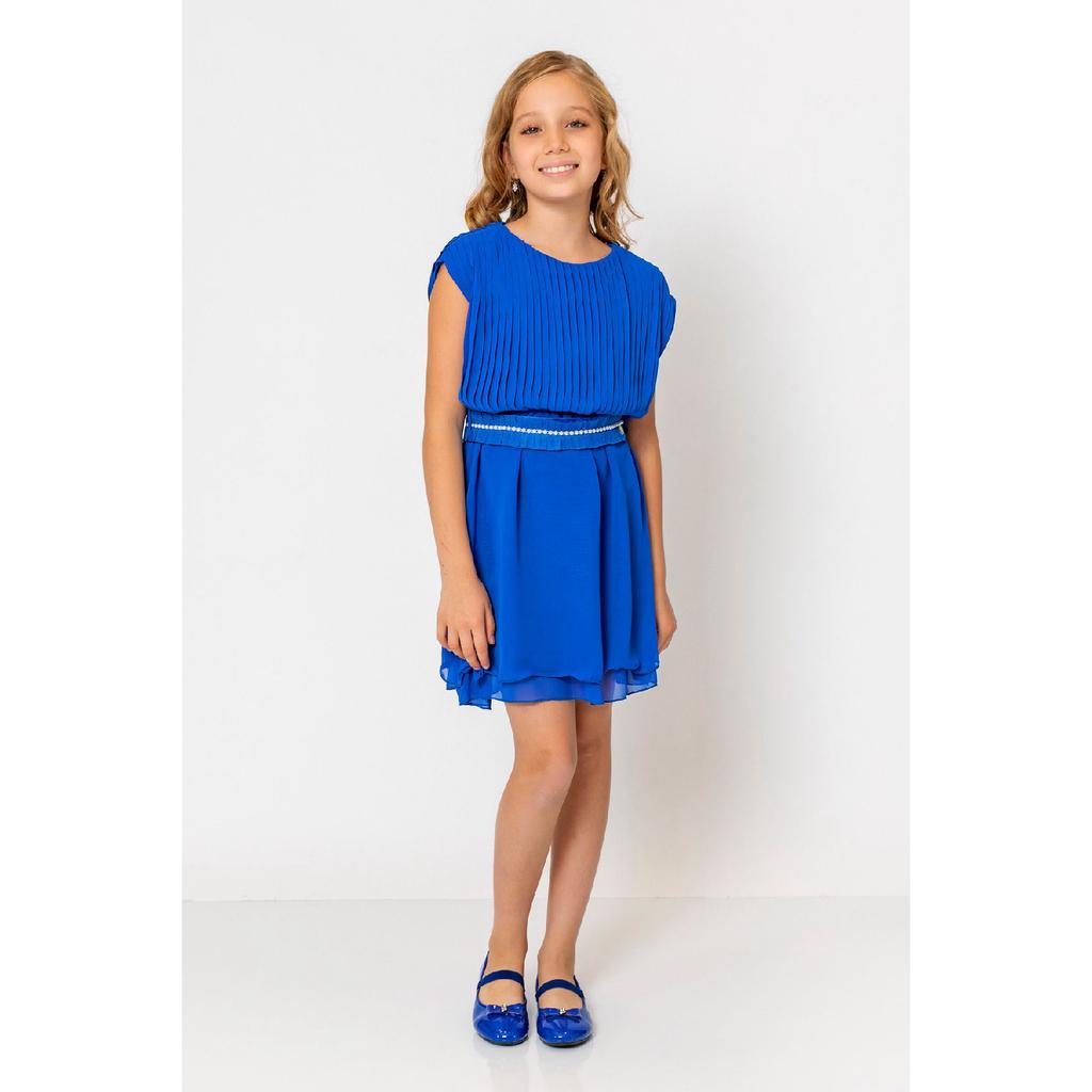 Girl's Round Neck Belted Pleated Dress