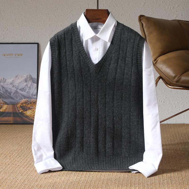 Men's 100% Pure Wool V-Neck Thickened Sleeveless Knit Vest - Solid Color, Ribbed, Slimming, Warm