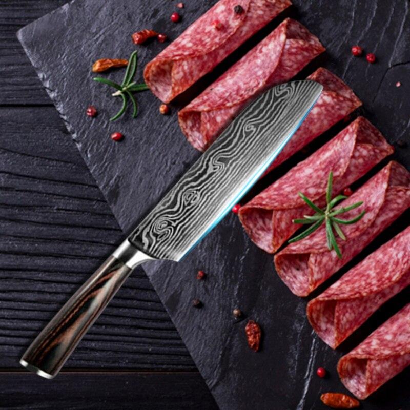 8Pcs/set Stainless Steel Damascus Pattern Chef Knives Set Kitchen Knife Set Butcher Boning Knife Vegetable Knives Cutter