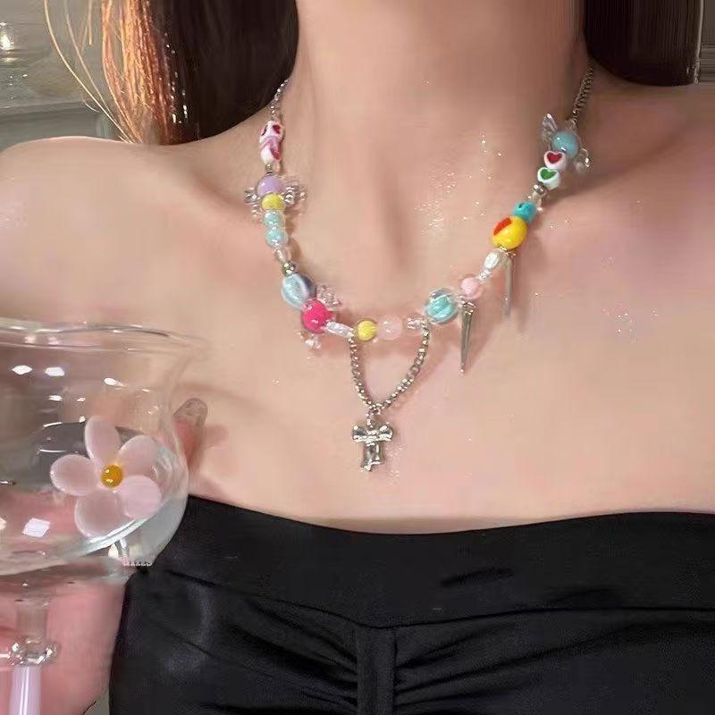Knock Suitable for Summer Drop Rainbow Candy Necklace Female Niche Accessories Sweet Cool Babes Collarbone Chain Tide