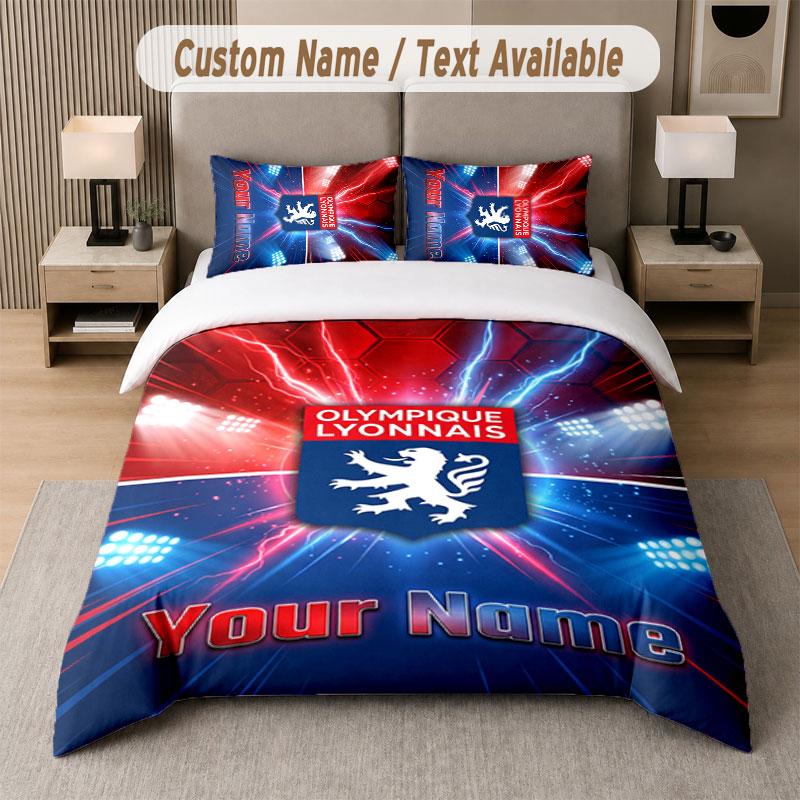 Custom Bedding Set Lyon FC Pattern, Print Name Text 1 Duvet Cover plus 2 Pillowcases Home Textile