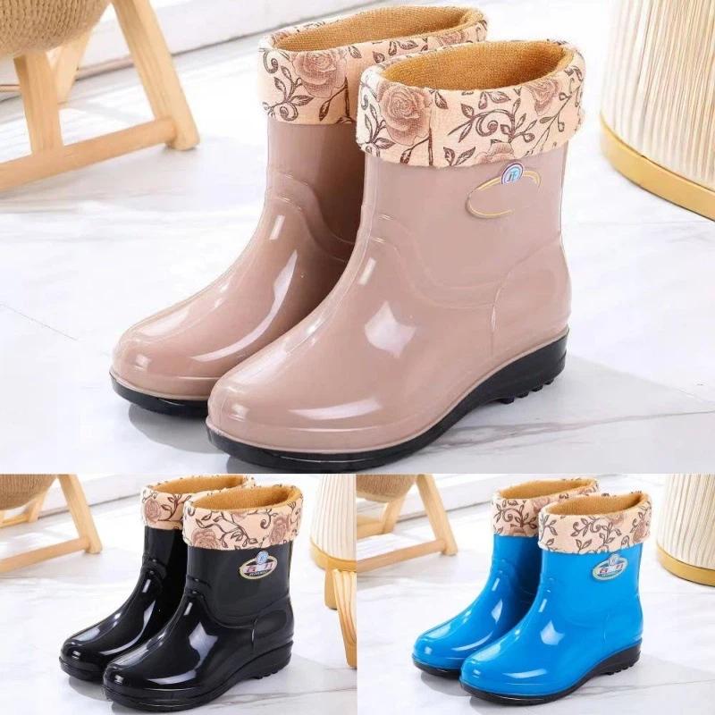Women's Autumn And Winter Midsole Thick Soled Warm And Velvet Anti Slip Waterproof Shoes Rain Boots Rubber Shoes