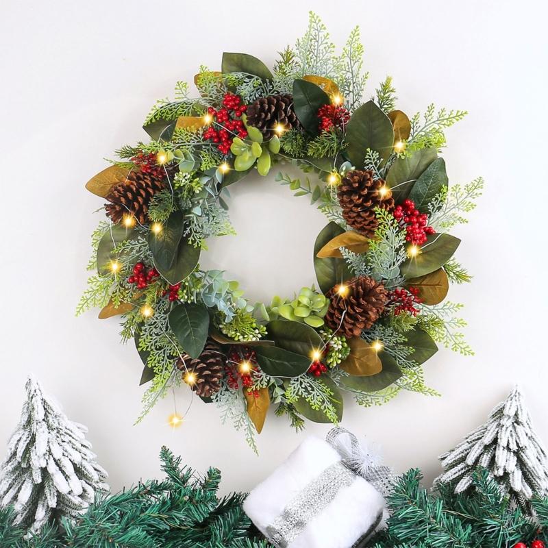 Artificial Wreath LED Light up Christmas Wreath with Pinecone for Front Door Window Yard Garden Christmas Decorations