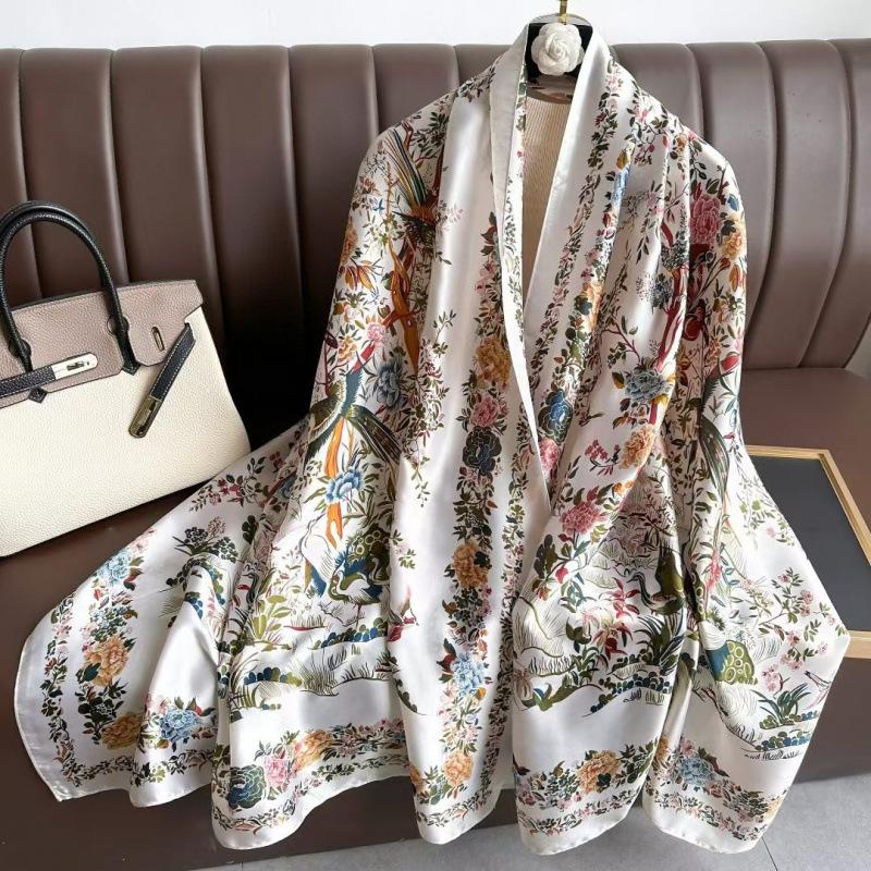 Spring and Summer Thin Silk Scarf High-end Printed Long Scarf New Satin Travel Sunscreen Scarf National Style Cloak