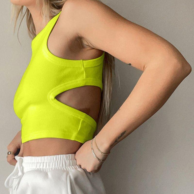 

round Neck Hollow out Sleeveless Top Pure Color round Neck Cut Out Sleeveless Tops Fluorescent Green L