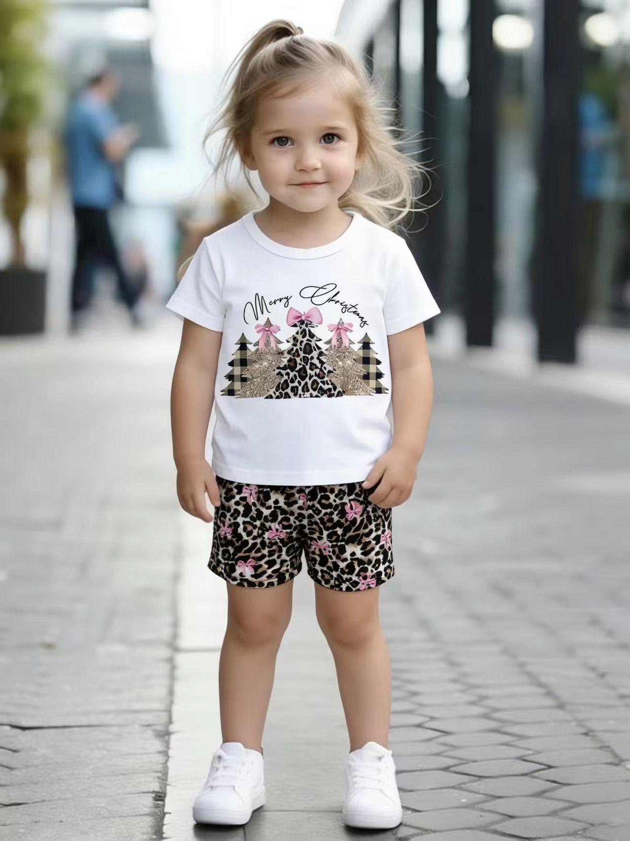 

Toddler Girls Cute Leopard Christmas Tree Print 2-Piece Outfit, Summer Festive Casual Clothes for Kids, Perfect for Playwear & Outdoor 5-6Y білий