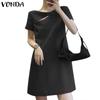 VONDA Ladies Summer Round Neck Short Sleeve Slit Pearl Button Straight Solid Colour Short Dresses