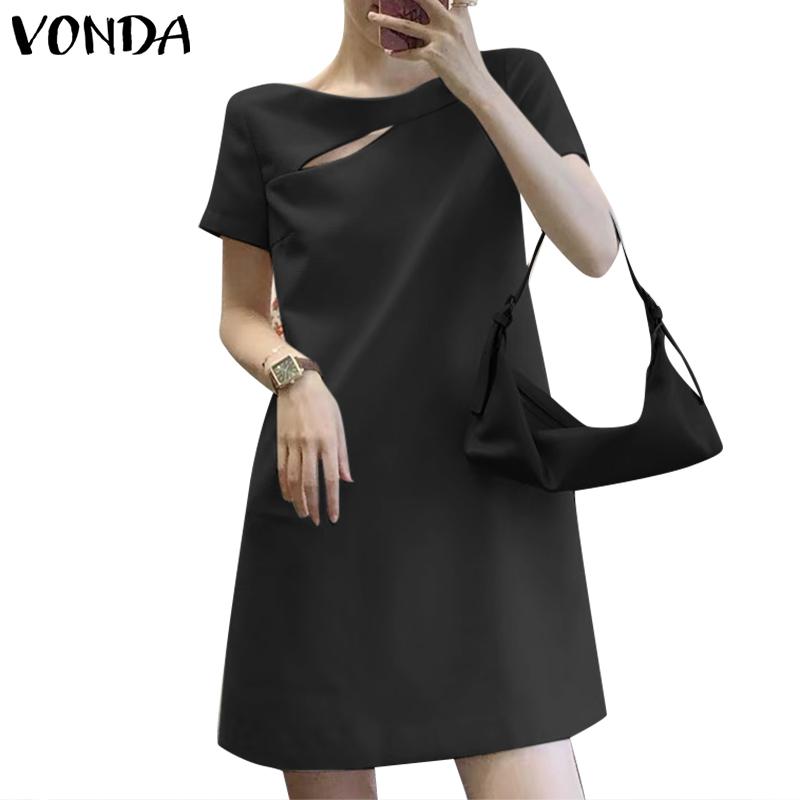 VONDA Ladies Summer Round Neck Short Sleeve Slit Pearl Button Straight Solid Colour Short Dresses