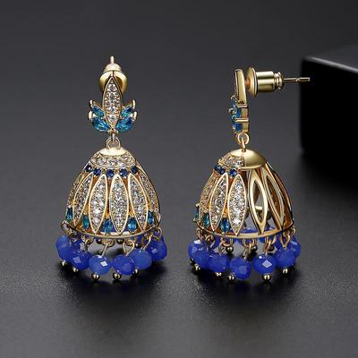WWJ Ethnische Quasten Glocken Goldfarben Blaue Perlen Hängeohrringe