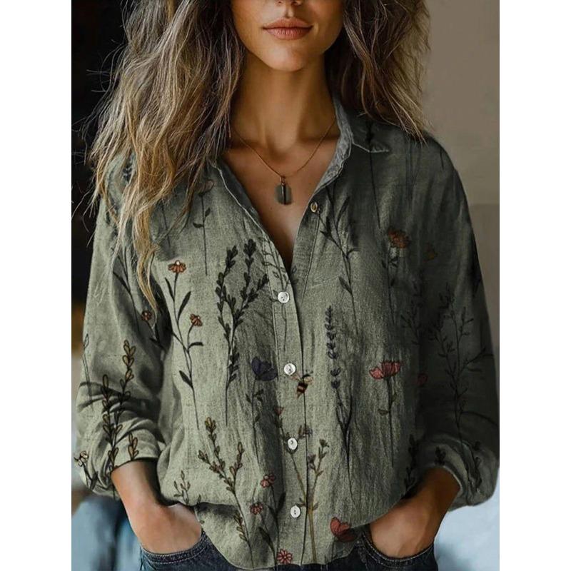 Women's Spring and Summer New Retro Printing Long-sleeved Casual Shirt Imitation Cotton and Linen Shirt
