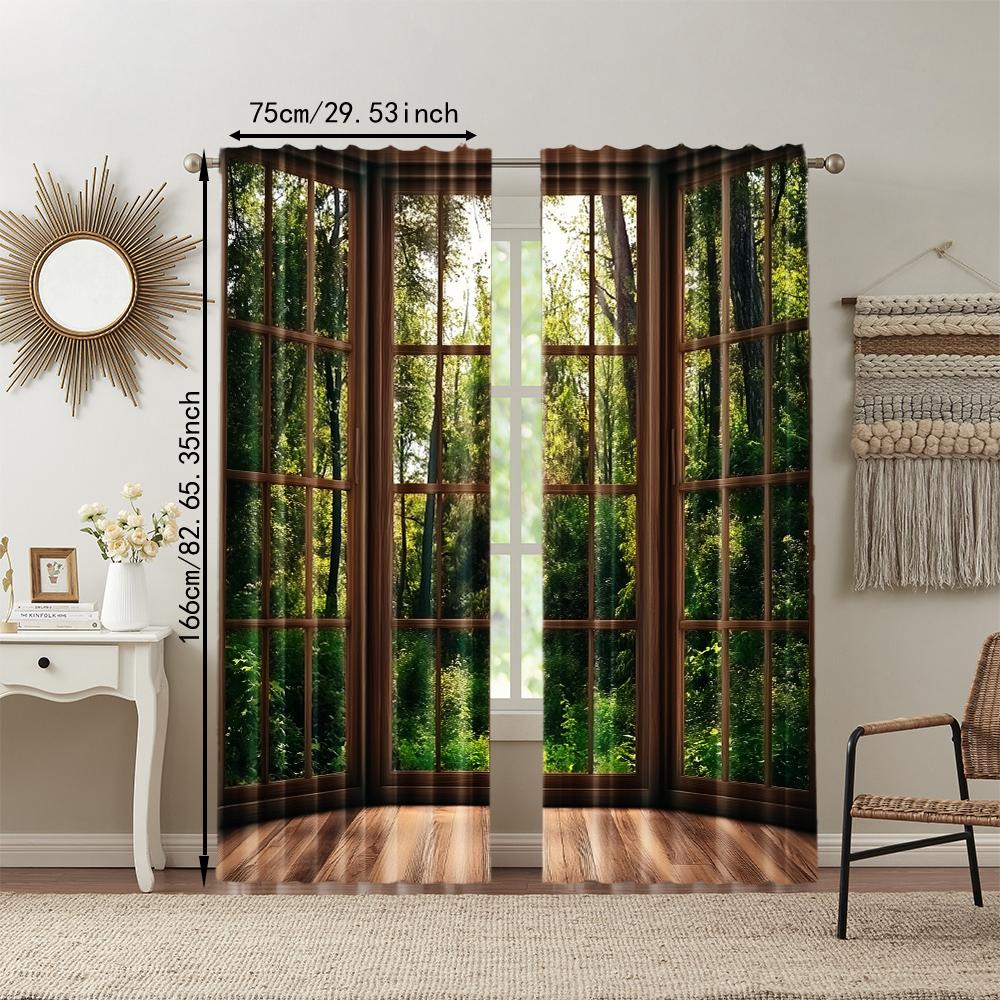2Pcs Forest Scenery Printed Window Curtains Rod Pocket Decorative Window Drapes Window Treatments For Bedroom Living Room Home