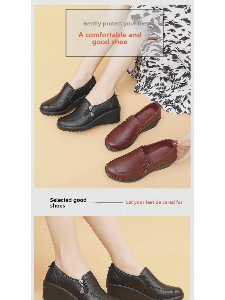 Scarpe con zeppa in pelle da donna primavera e autunno 2025 - Scarpe comode singole per mezza età e anziani