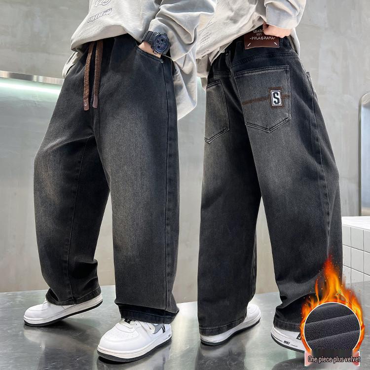 

Джинсы прямого кроя на флисовой подкладке для мальчиков, 2025: Модный весенне-осенний стиль для детей 170 cm