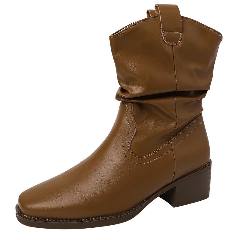 Retro Style Square Head Thick Heel Fashion Short Boots Women's Autumn and Winter Fashion with Coat Short Tube Pile Pointed High Heel Thin Boots