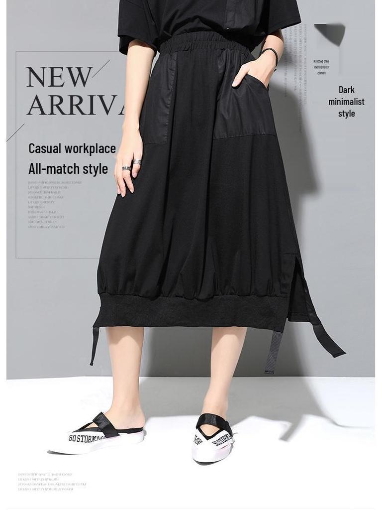 Summer Women's Dark Cold Style A-Line Skirt with Slit, Patch Pocket, and Elastic Waist
