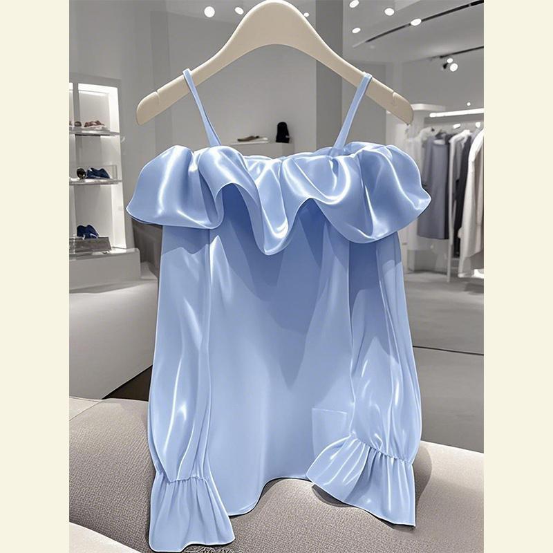 French Style Satin Blouse - Women's Off Shoulder Ruffle Trim Top