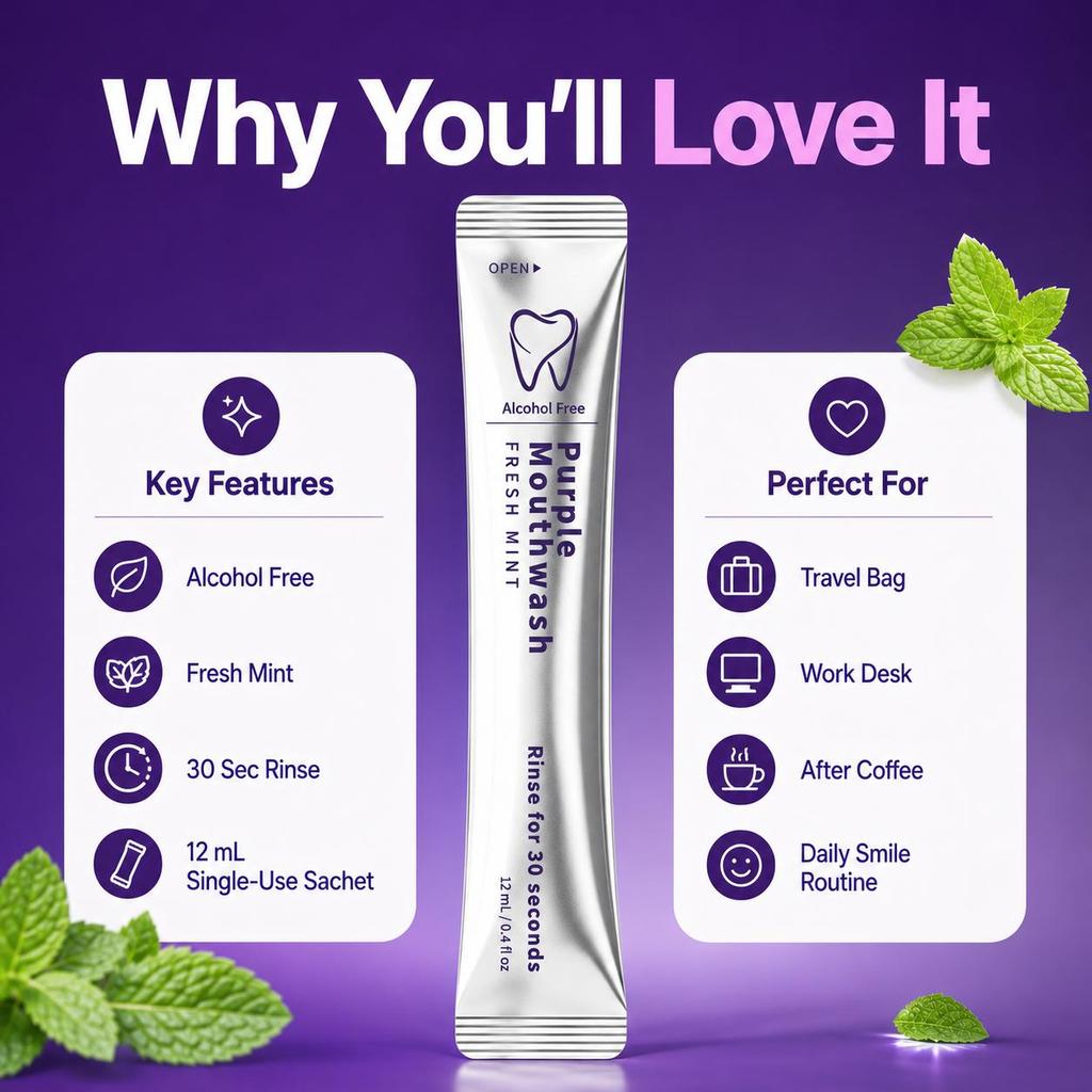 Purple Mouthwash Single-Use Sachets, Fresh Mint, Alcohol-Free