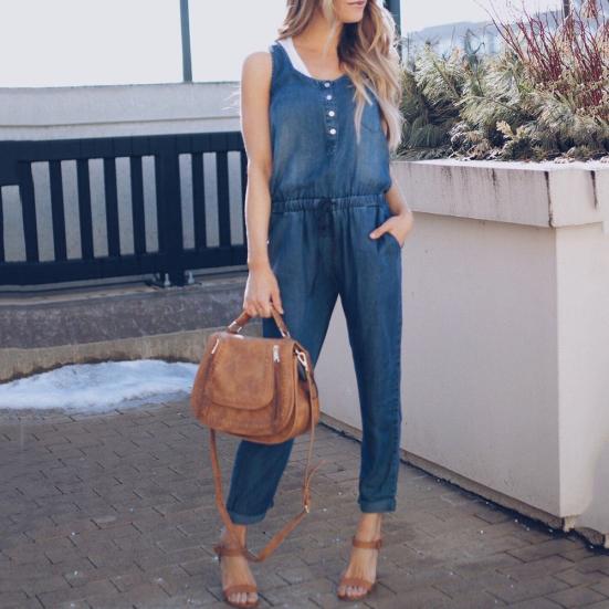 Sommer Damen Mode Ärmellos Jeans Jumpsuit Denim Latzhose Lange Hose Strampler