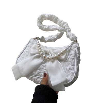 Women Shoulder Bag Casual Fashionable Lace Ruffles Lady Handbag with Bow Bead Chain for Daily