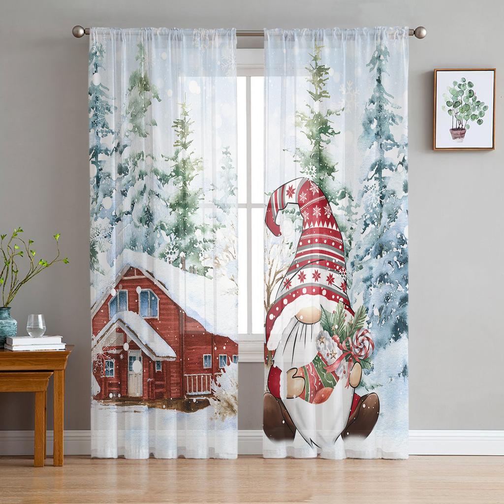 Jul Tomte Trämönster Snö Skira Gardiner Juldekorationer för Hem Fönster Tyllgardiner För Vardagsrum Sovrum