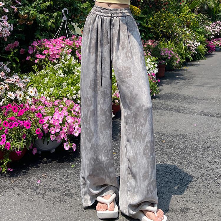 Pantaloni de vară pentru femei cu imprimeu vintage, talie înaltă, cu șireturi, pantaloni largi cu buzunar pentru fete