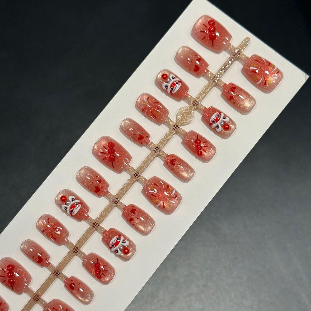 Resin Firework Lion Dance Red New Year Handmade Sparkle Cat Eye Nail Art Set - 30 Pieces