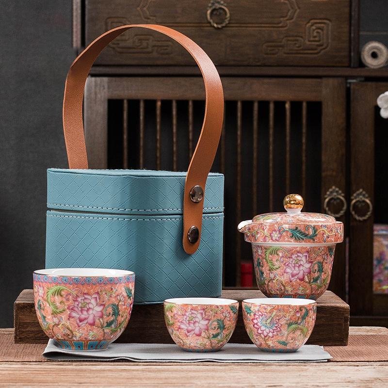 

4 шт., эмалированный цветной керамический чайный сервиз, портативный дорожный чайный сервиз, экспресс-чашка, включает в себя один горшок и три чашки, подарки на весенний фестиваль, чайные аксессуары